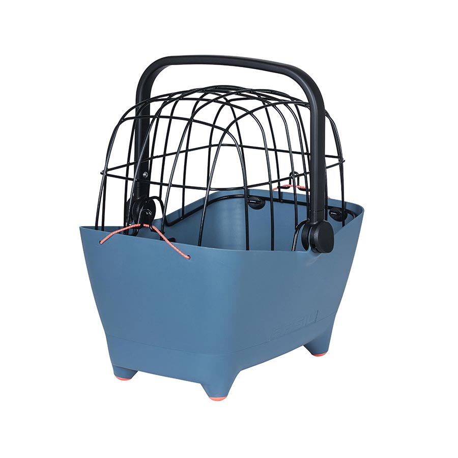 Basil Buddy front and rear dog baskets in faded denim, mounted on a bicycle for secure pet transportation.
