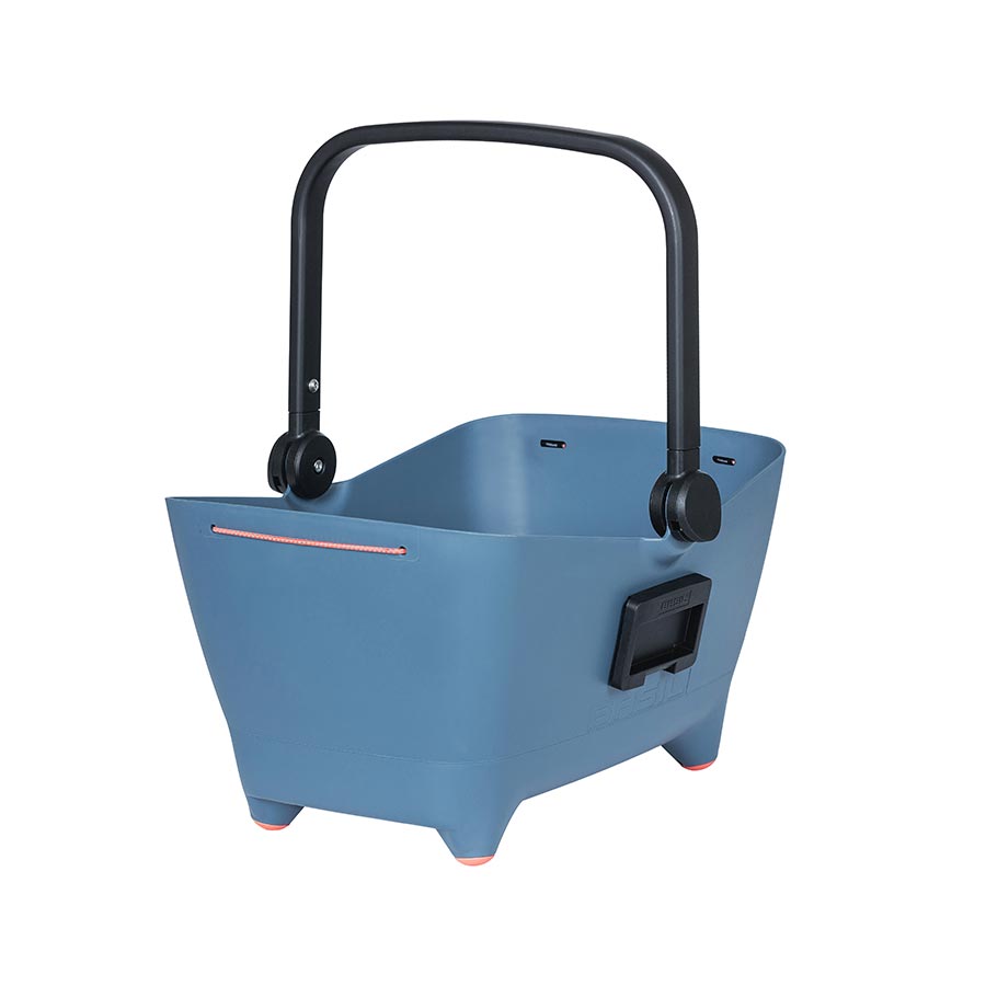 Basil Buddy front and rear bike baskets in faded denim, designed for carrying small dogs or pet accessories.