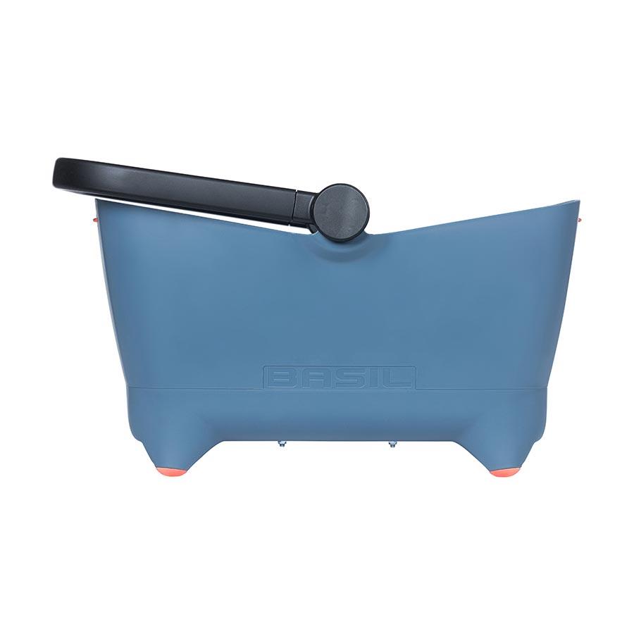 Basil Buddy front and rear dog baskets in faded denim, designed for bike cargo and pet transport.