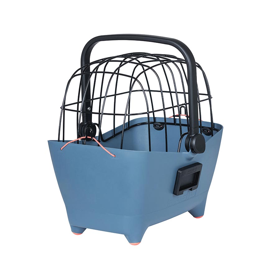 Basil Buddy front and rear dog baskets in faded denim, mounted on a bicycle for secure pet transport.