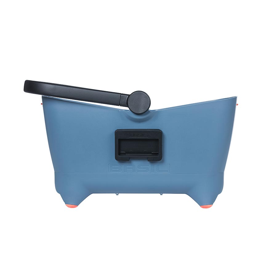 Basil Buddy front and rear dog baskets in faded denim, designed for secure attachment to bicycle or motorcycle.