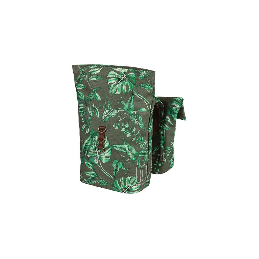 Basil Ever-Green panniers with printed design, waterproof bike bag for bicycle rear rack, black with colorful pattern.