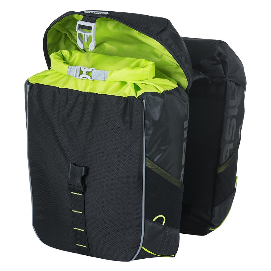 Black Basil Miles panniers mounted on bicycle, durable waterproof design for bike commuting and touring.