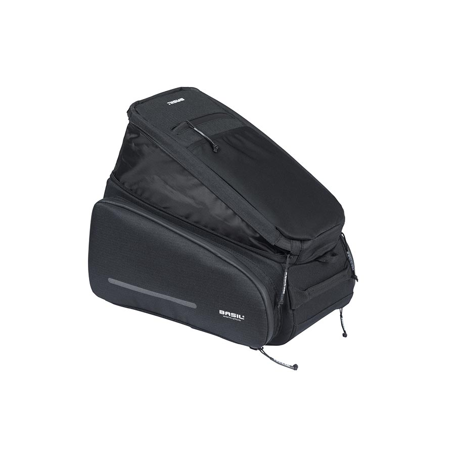 Black Basil Move Luggage trunk bag with 10-26L capacity, designed for versatile storage and secure attachment to bikes.