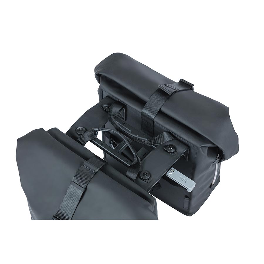 Black Basil SoHo panniers with 42L capacity, designed for bike storage and commuting. Durable and stylish for everyday use.