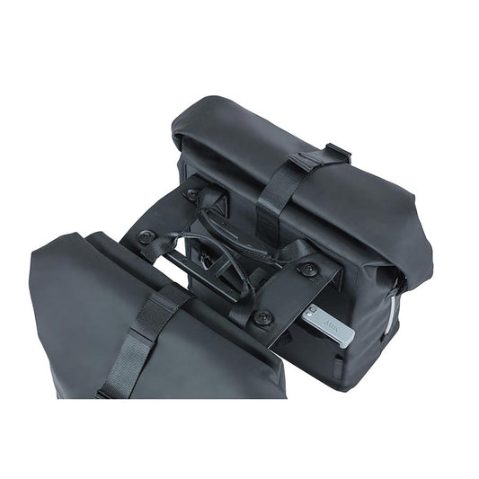 Black Basil SoHo panniers with 42L capacity, designed for bike storage and commuting. Durable and stylish for everyday use.
