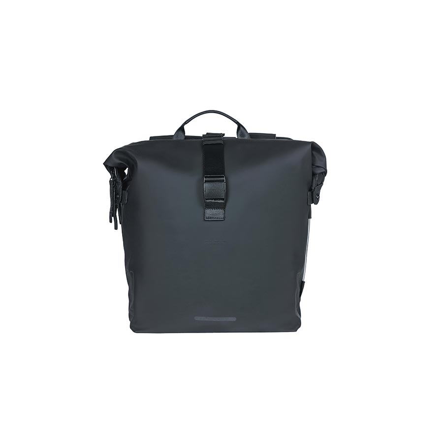 Black Basil SoHo panniers mounted on a bicycle, showcasing spacious 42L storage and sleek design for urban cycling.
