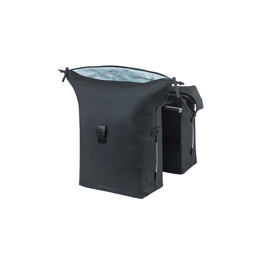 Black Basil SoHo panniers with 42L capacity, designed for bicycle storage and commuting. Durable and functional.