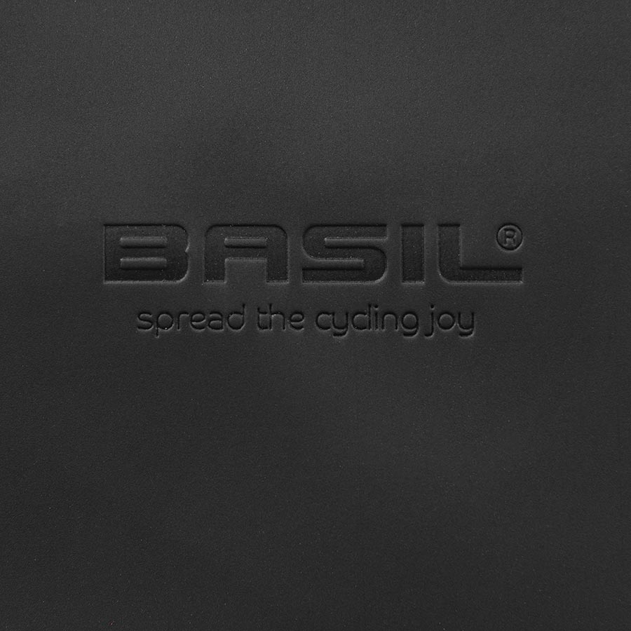 Black Basil SoHo panniers mounted on a bike, 42L capacity, durable outdoor storage for commuting or cycling trips.