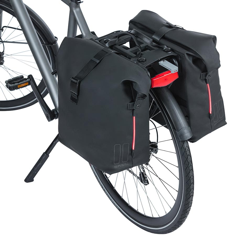 Black Basil SoHo panniers, 42L bicycle panniers with waterproof fabric and adjustable straps for commuting and touring.