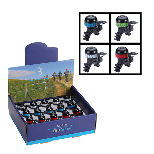 BBB Cycling MiniFit Display Box with 20 assorted color bells and horns for bikes in a compact display box.
