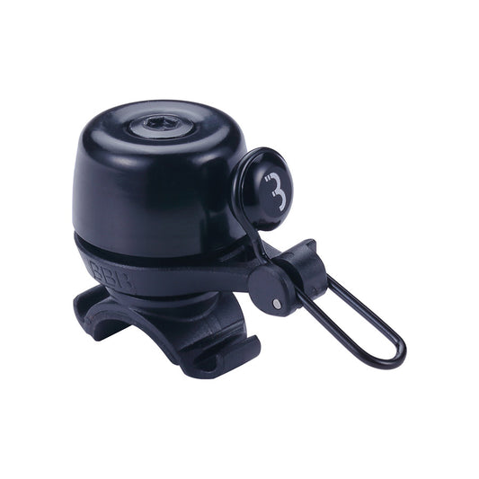 Black BBB Cycling BBB-17 Noisy bell, a compact bicycle horn with a metal bell and mounting strap, designed for easy bike alerting.