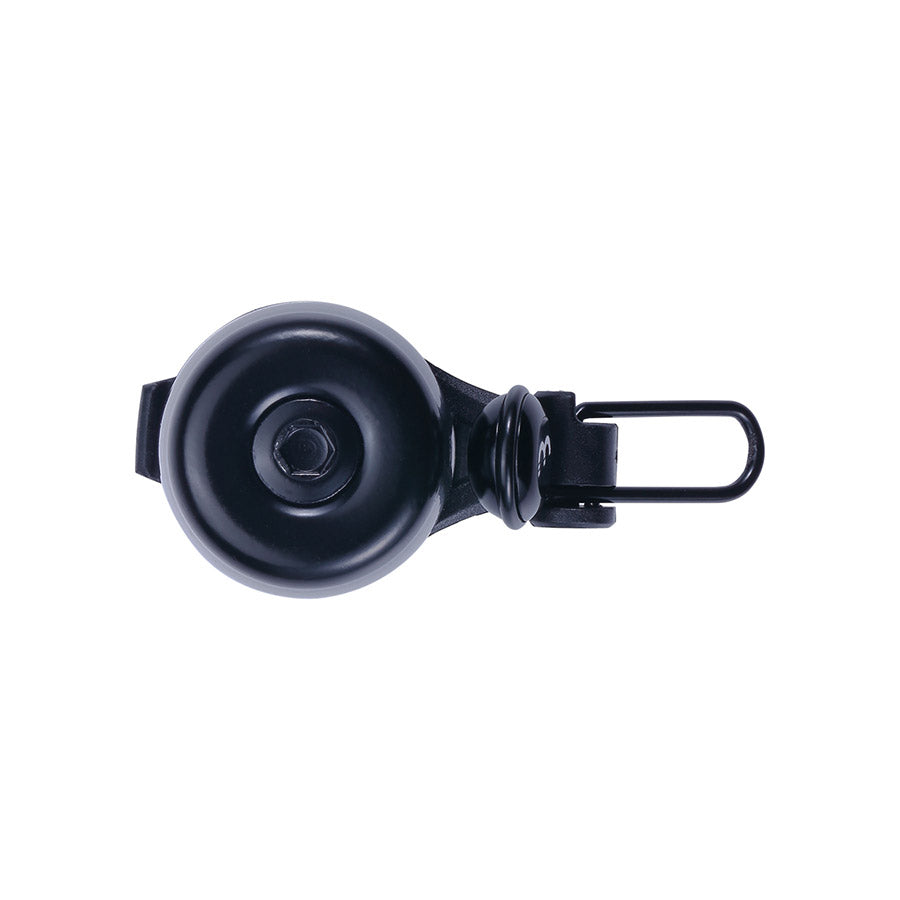 Black BBB Cycling BBB-17 Noisy bell on a bicycle handlebar, showcasing its compact design and easy-to-use bell mechanism.