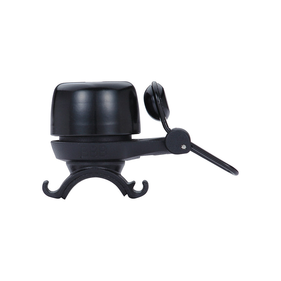 Black BBB Cycling BBB-17 Noisy bell mounted on a bicycle handlebar, designed for alerting and safety during rides.
