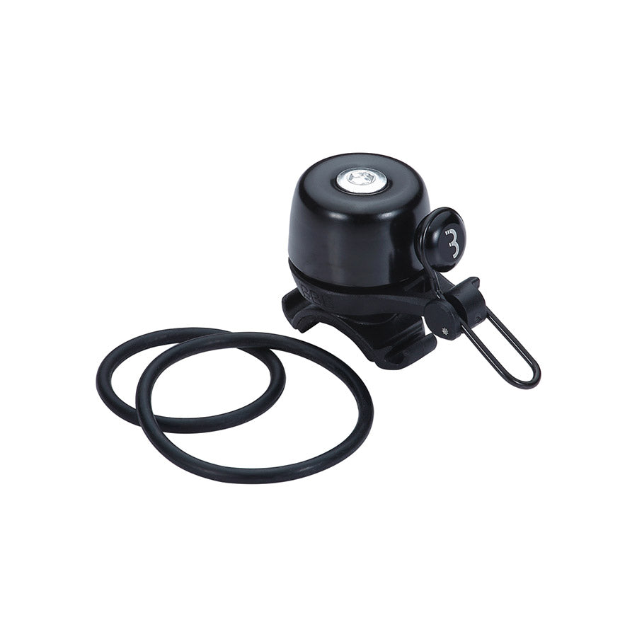 Black BBB Cycling BBB-17 Noisy bell, a compact and loud bicycle bell with a metal striker for alerting others.