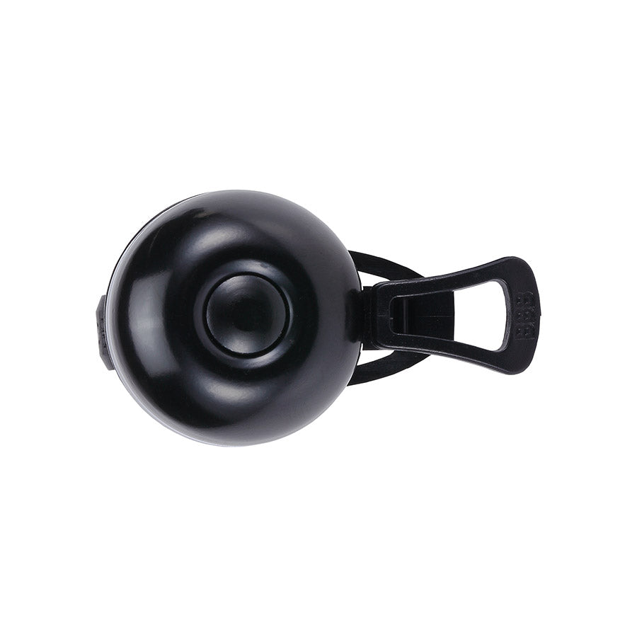 Black and grey BBB Cycling BBB-24 EasyFit Deluxe Plus bells and horns mounted on a bike handlebar.
