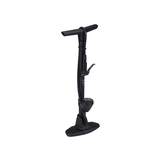 BBB Cycling BFP-20 Airwave floor pump with dual valve head, black, capable of 130 PSI, for inflating bicycle tires.