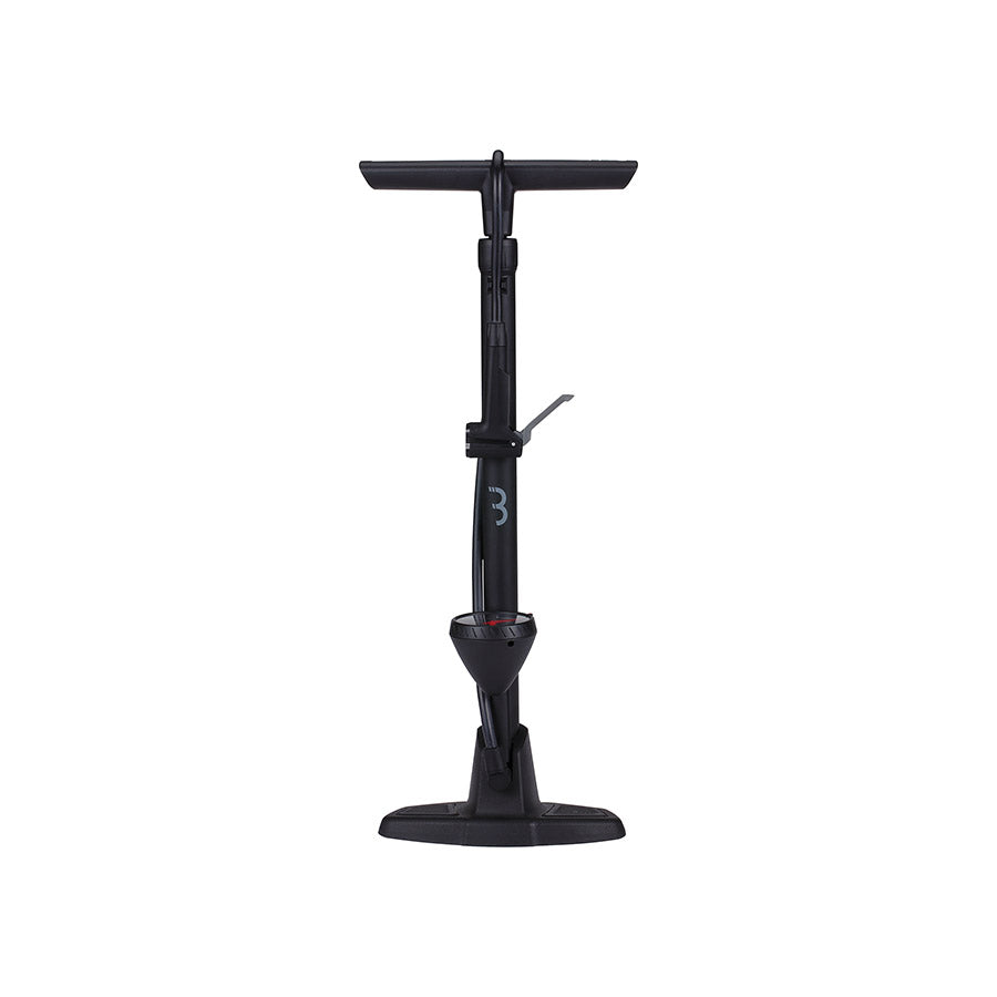 BBB Cycling BFP-20 Airwave floor pump with dual valve head, black, capable of 130 PSI for bicycle tires.
