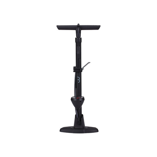 BBB Cycling BFP-20 Airwave floor pump with dual valve head, black, capable of 130 PSI for bicycle tires.