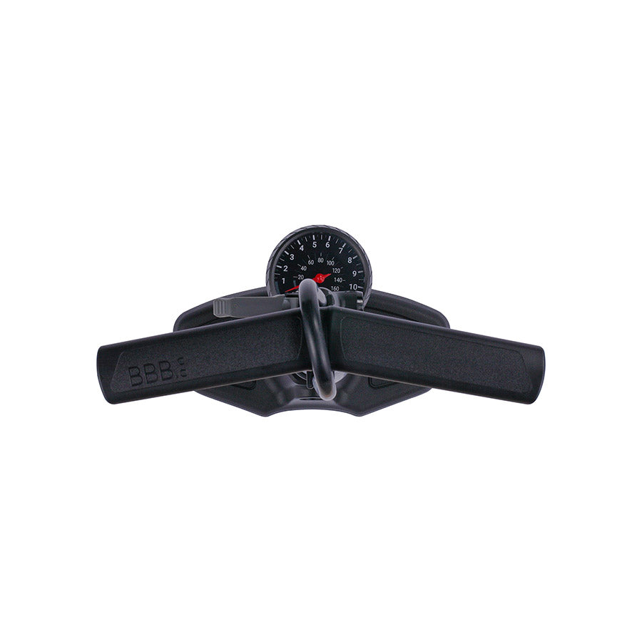 BBB Cycling BFP-20 Airwave floor pump with dual valve head, black, showing the pump's handle and gauge for bicycle tire inflation