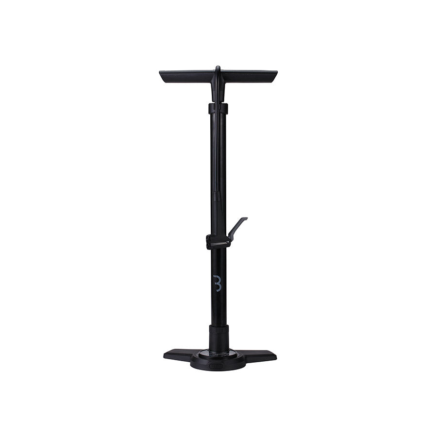 BBB Cycling BFP-28 AirBoost floor pump with dual valve head, black finish, capable of 160psi, for bicycle tires.