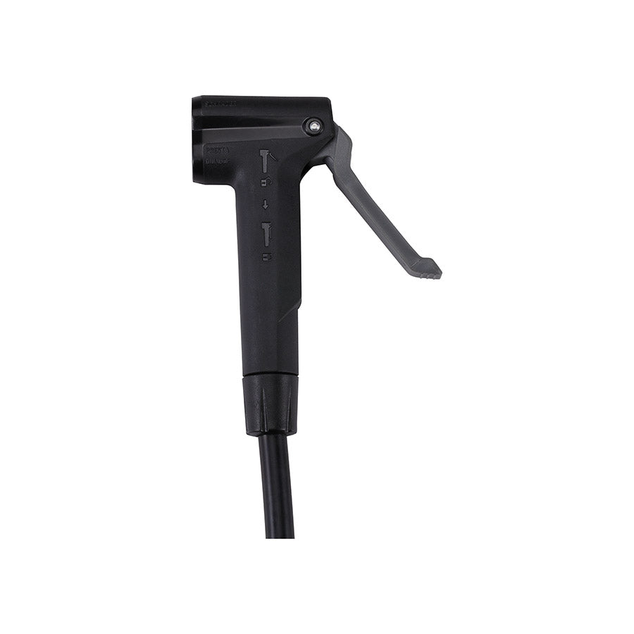 BBB Cycling BFP-28 AirBoost floor pump with dual valve head and black finish, suitable for inflating bicycle tires up to 160 PSI.