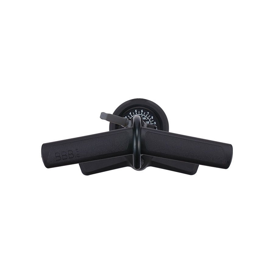 BBB Cycling BFP-28 AirBoost floor pump with dual valve head, black, capable of 160 PSI for bicycle tires.