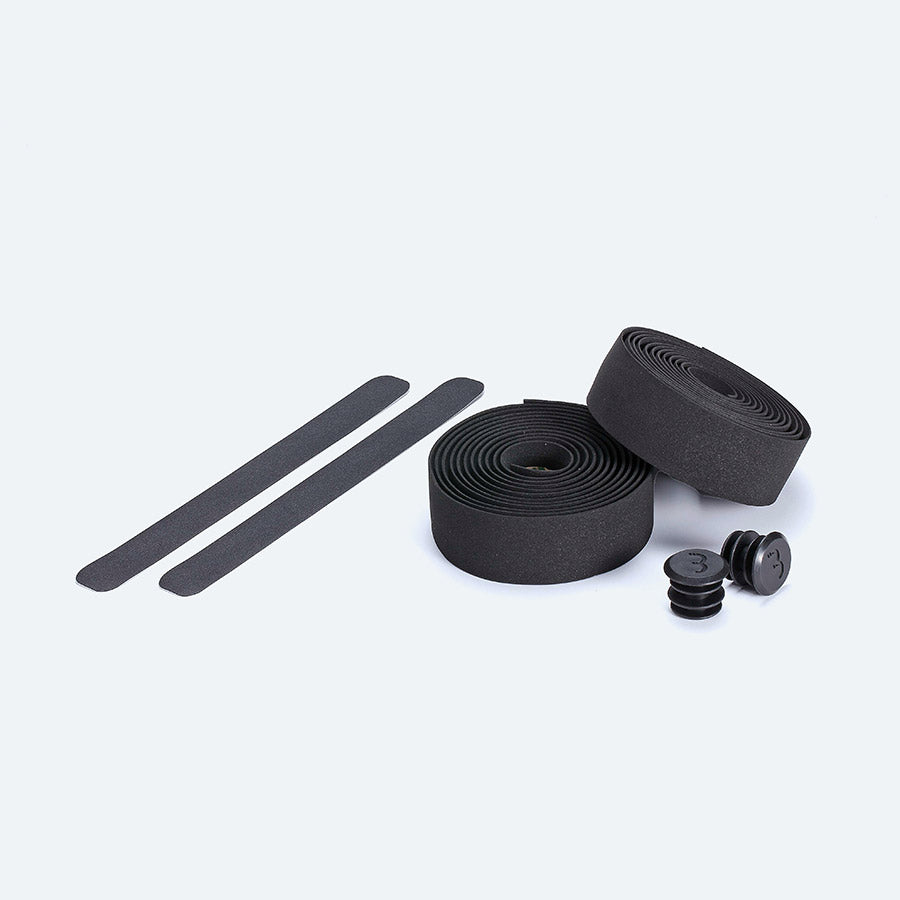 Black BBB Cycling BHT-01 RaceRibbon handlebar tape, 2.5mm thick, with textured grip for cycling handlebars.
