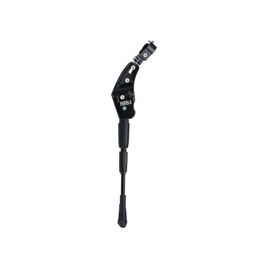 BBB Cycling BKS-04 MultiKick rear mount kickstand on a bicycle, black clamp mount suitable for 26 to 29-inch bikes.
