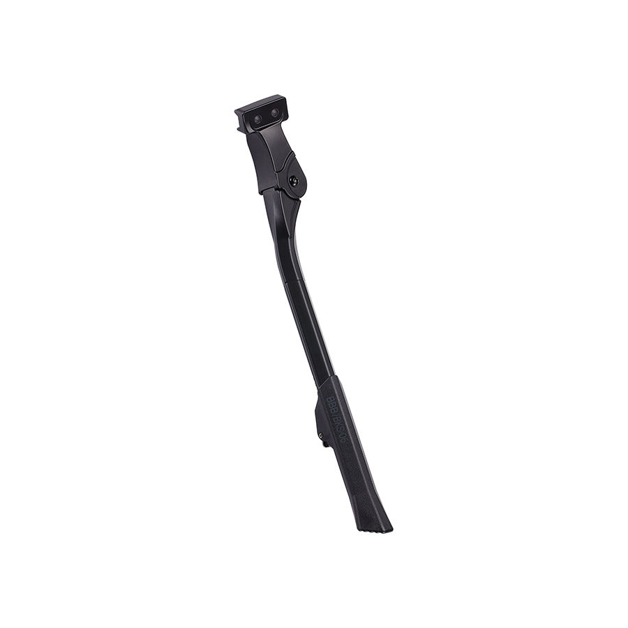 BBB Cycling BKS-06 ConnectKick rear mount kickstand on black bike frame, showing 26-29 inch wheel compatibility and 18mm fixed bracket