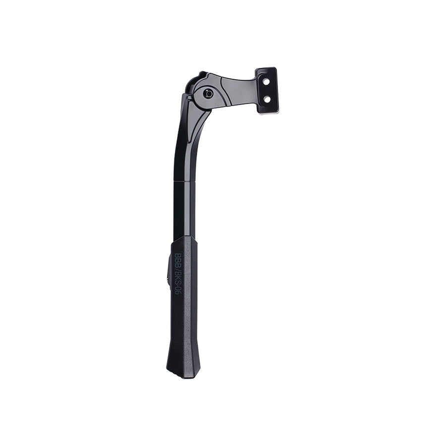 BBB Cycling BKS-06 ConnectKick rear mount kickstand on black bicycle frame, adjustable for 26-29 inch bikes with fixed bracket.