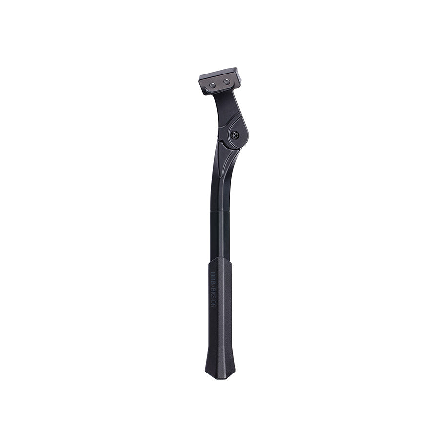 BBB Cycling BKS-06 ConnectKick rear mount kickstand on black bike, showing adjustable design for 26 to 29-inch bikes with 18mm bracket
