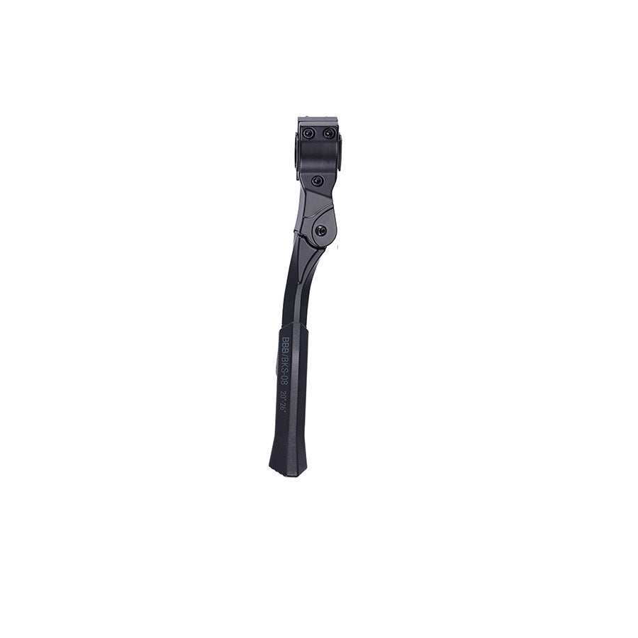 BBB Cycling BKS-08 UniKick rear mount kickstand for bikes, black clamp mount, suitable for 26 to 29-inch wheels.