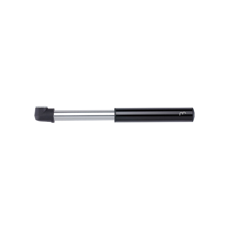BBB Cycling BMP-103 SingleShot MTB frame pump in black with pressure gauge, designed for mountain bike tire inflation.