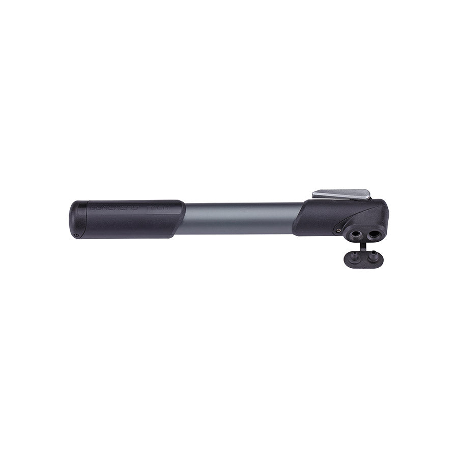 BBB Cycling BMP-55 WindRush frame pump in grey with dual valve head, 250mm length, up to 100psi for bike tire inflation.