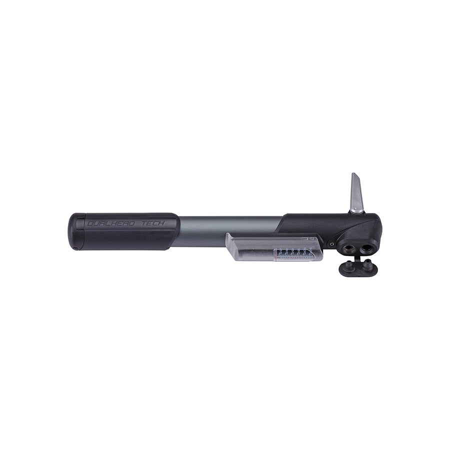 BBB Cycling BMP-57 WindGun frame pump with dual valve head and grey finish, capable of 100 PSI for bike tire inflation.
