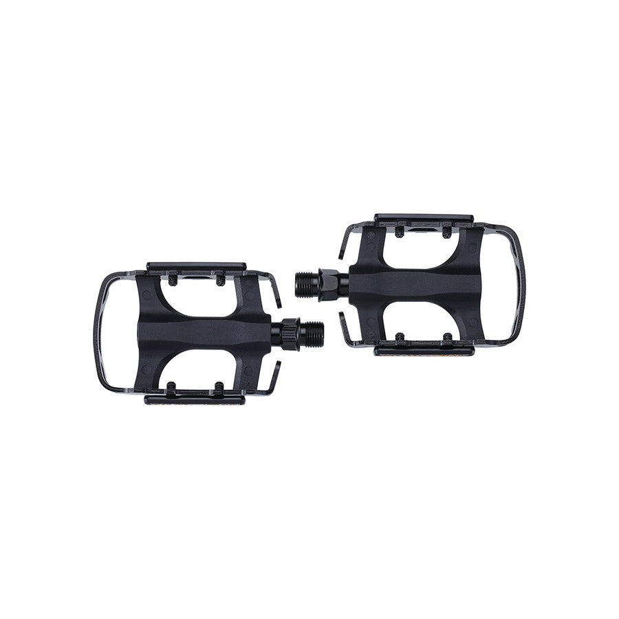Black BBB Cycling BPD-15B Mount&Go 2.0 recreational pedals with nylon body and chromoly spindle, shown as a pair.