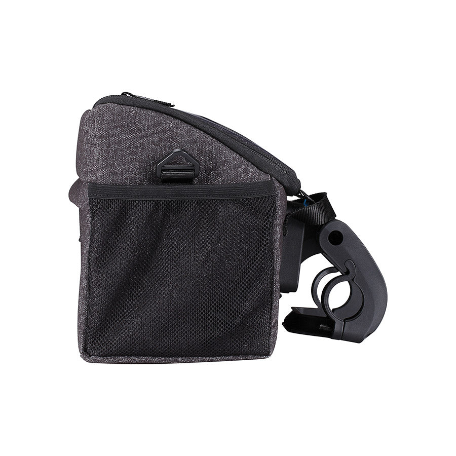 BBB Cycling BSB-139 FrontPack handlebar bag, grey, 5.5L storage, mounted on bicycle handlebar for easy access.