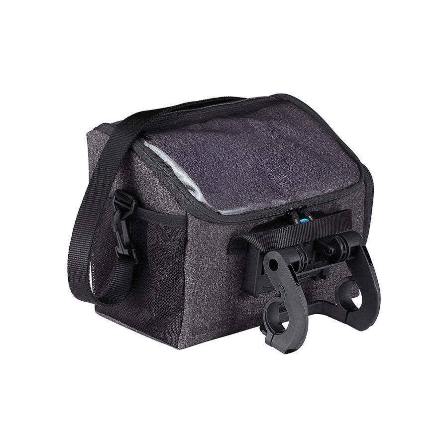 Grey BBB Cycling BSB-139 FrontPack handlebar bag mounted on bicycle handlebars, compact 5.5L storage for cycling accessories.