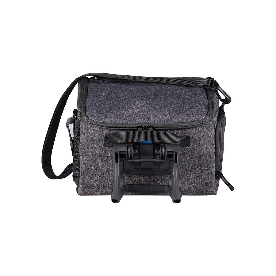 BBB Cycling BSB-139 FrontPack handlebar bag attached to bike handlebar, 5.5L grey storage bag for cycling accessories.