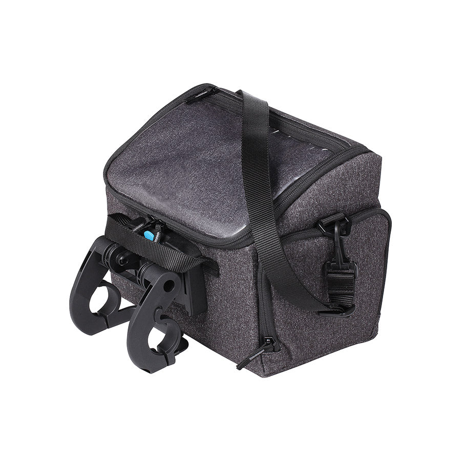 BBB Cycling BSB-139 FrontPack handlebar bag mounted on a bicycle handlebar in grey, designed for cycling storage.