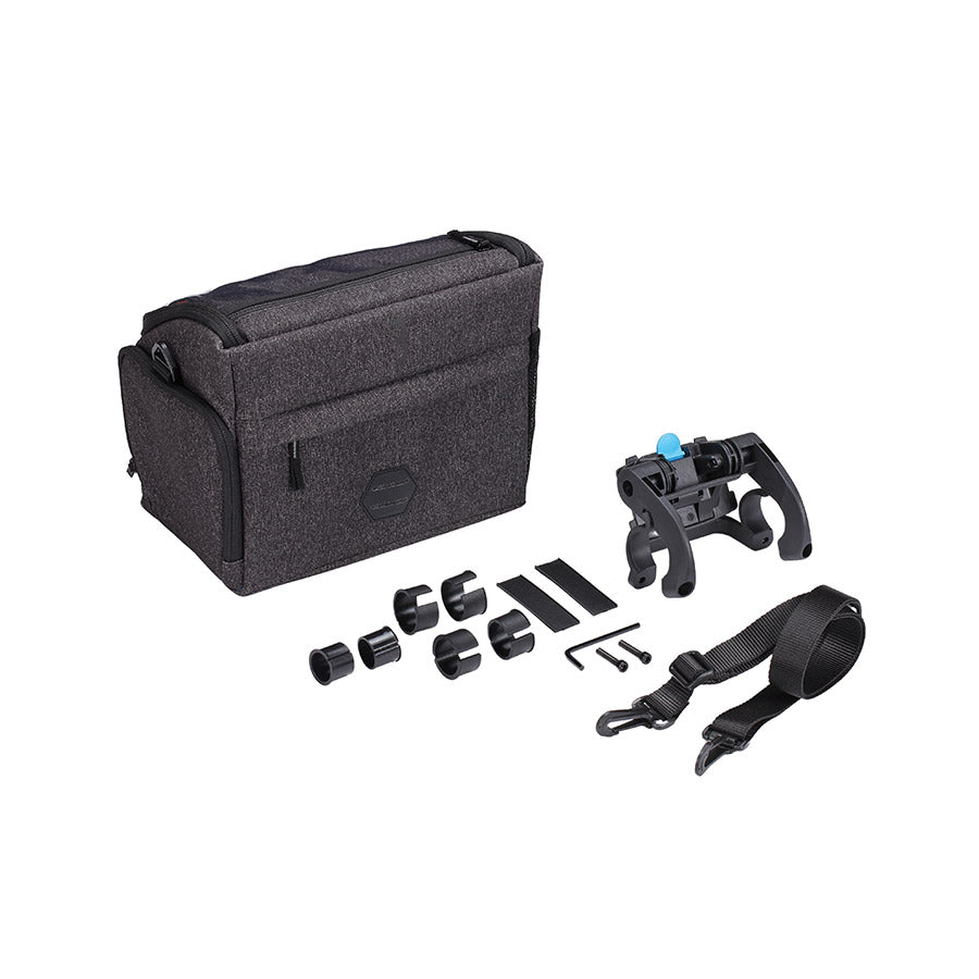 BBB Cycling BSB-139 FrontPack handlebar bag in grey, 5.5L capacity, mounted on a bike handlebar for convenient storage.