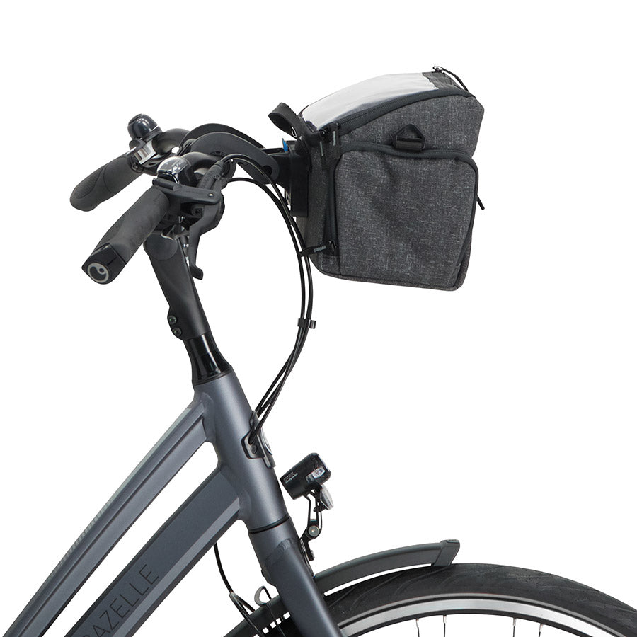 BBB Cycling BSB-139 FrontPack handlebar bag mounted on bike handlebar, grey 5.5L storage for cycling accessories.