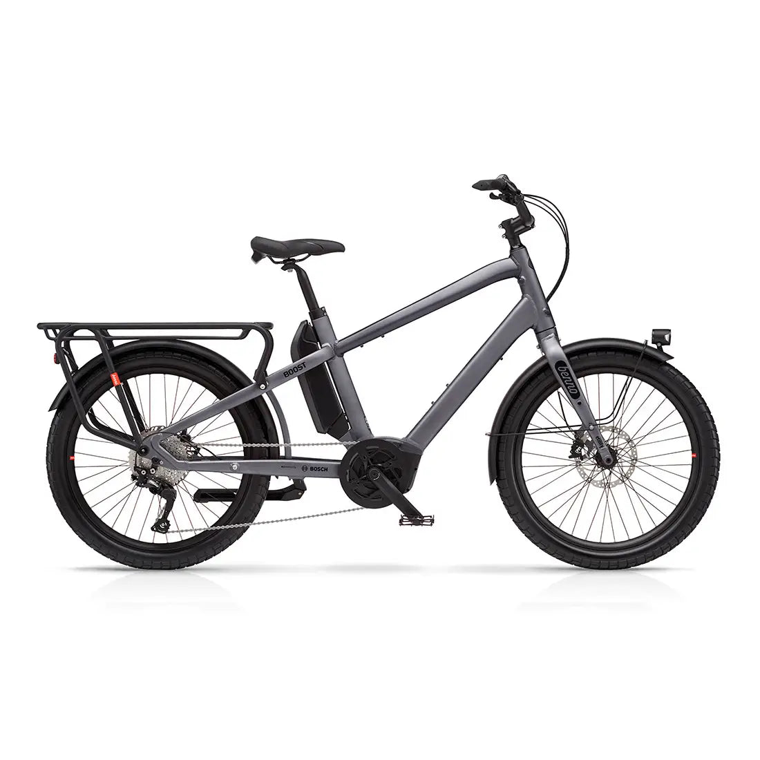 Benno Bike Boost E CX 500WH EVO 5 electric cargo bike in titanium gray, showing the frame and cargo rack.