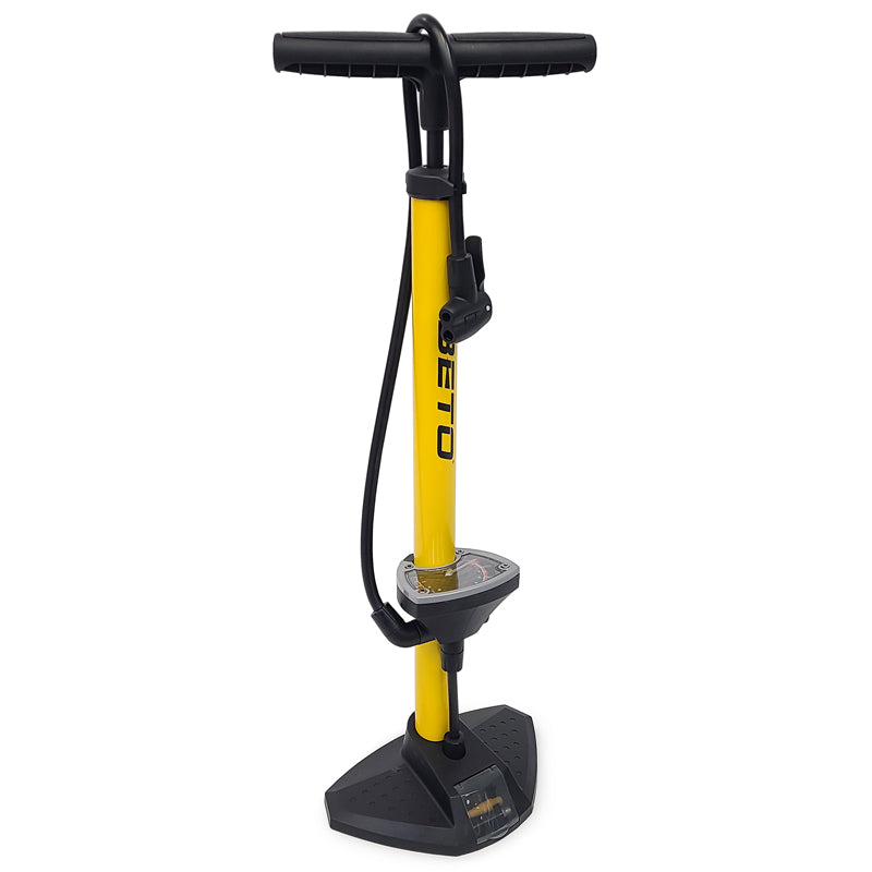 Beto CWM floor pump for inflating bike tires, featuring a sturdy metal body and comfortable handle for easy use.