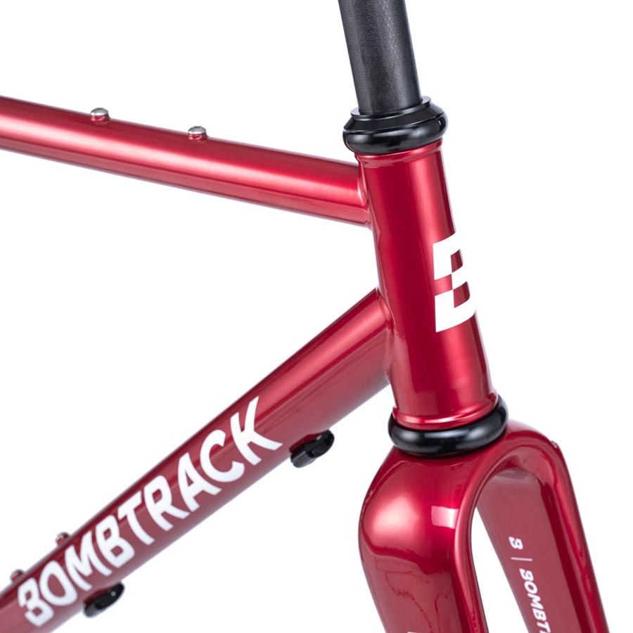 Bombtrack Hook road bike frame in black, lightweight aluminum with sleek design, ready for high-performance cycling.