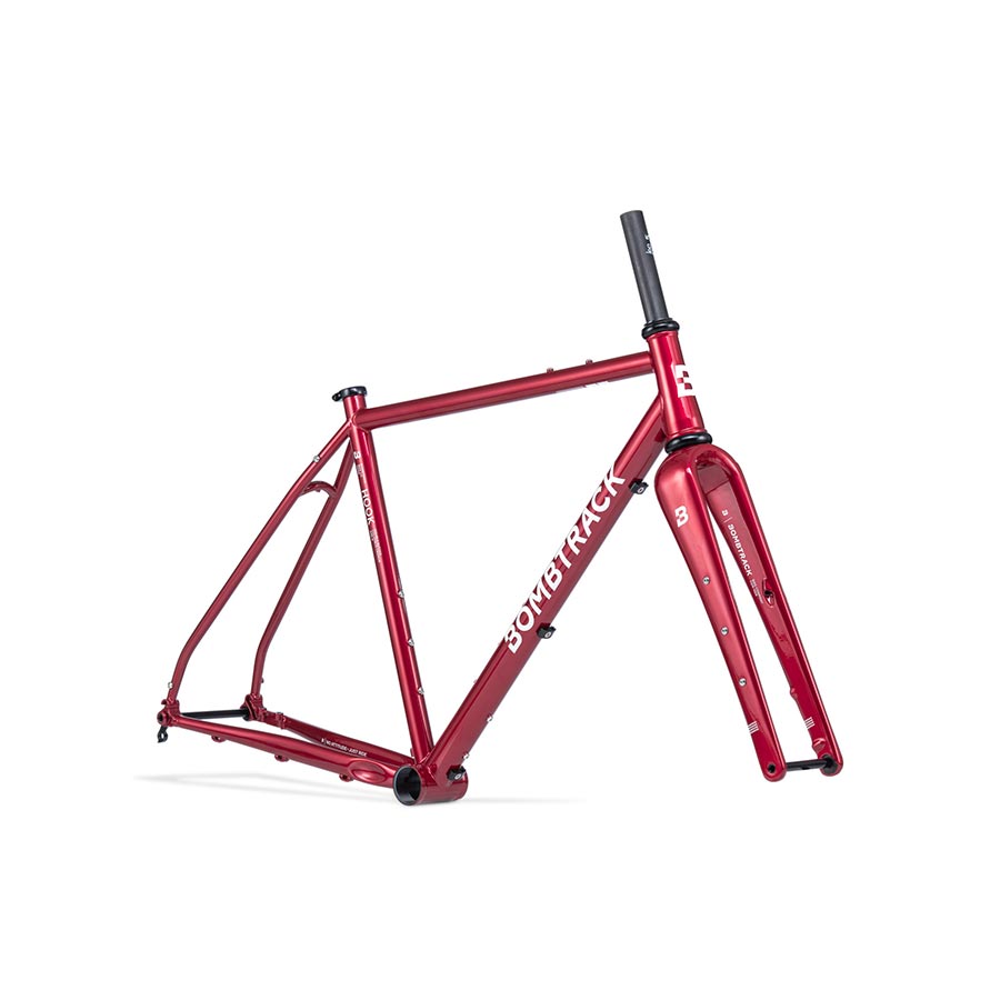 Bombtrack Hook road bike frame in sleek black, lightweight aluminum with detailed tube design for high-performance cycling.