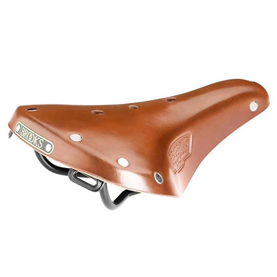Brooks B17 Short recreational and commuter saddle in honey leather with sturdy metal rails, designed for comfort and durability.