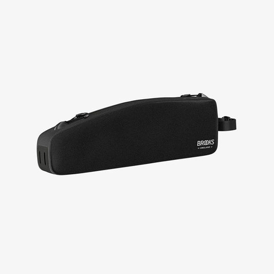 Brooks Scape Long Top Tube Bag for bicycles, black, 1.5L capacity, mounted on bike frame for easy access.