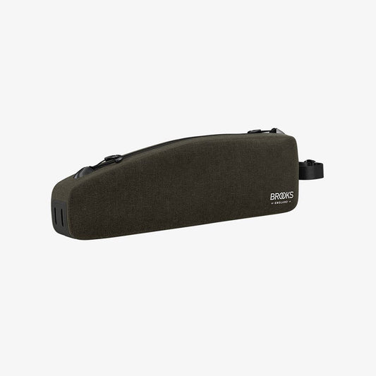 Brooks Scape Top Tube Bag Long for bicycles, black, compact storage for cycling essentials, mounted on bike top tube.